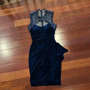 Cache navy blue evening /cocktail dress, lace neck pattern